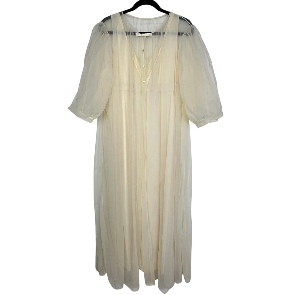 VTG 60s Kayser Cream Nylon Tricot Peignoir Set Puff Sleeve Lace Trim Size 34 USA